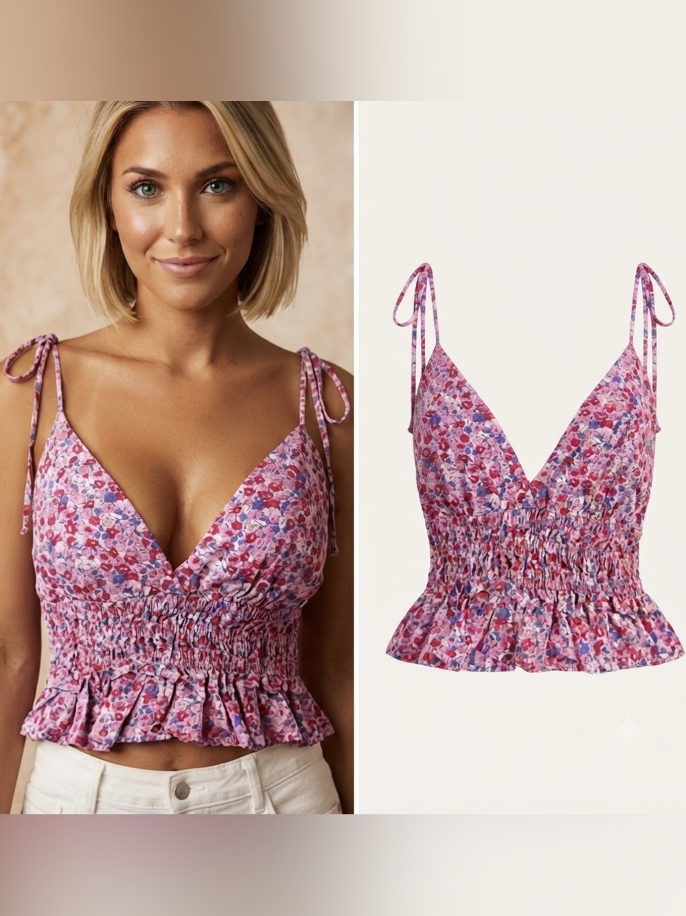 Women’s Sim & Sam Smocked Crop Floral Ruffle Milkmaid Coquette Top - Size Medium